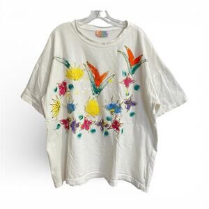 Visage Vintage Painted Top Sz OS Women White Floral Oversized Puff Paint 80s